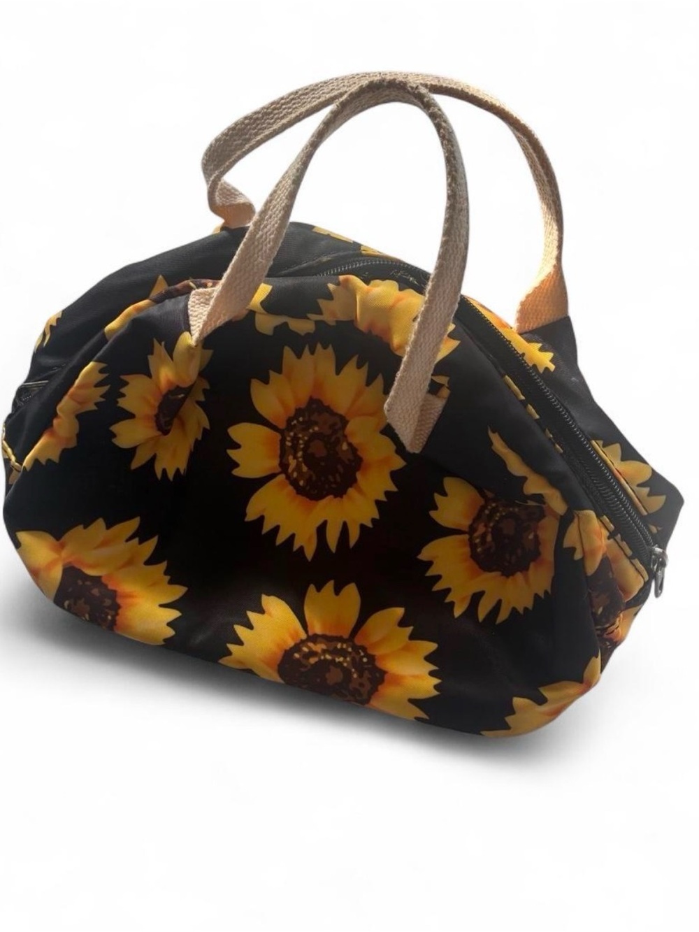 Sunflower Print Black Insulated Lunch Tote Bag with Beige Handles
